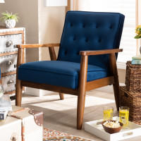 Baxton Studio BBT8013-Navy Velvet/Walnut-CC Sorrento Mid-century Modern Navy Blue Velvet Fabric Upholstered Walnut Finished Wooden Lounge Chair